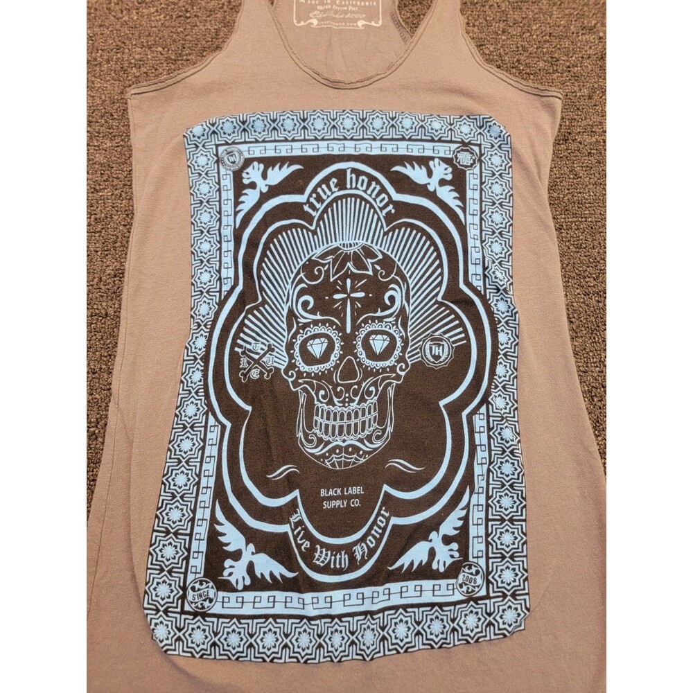 True Honor Women's Large Tank Top Grey Racerback Skull Graphic - Picture 5 of 11
